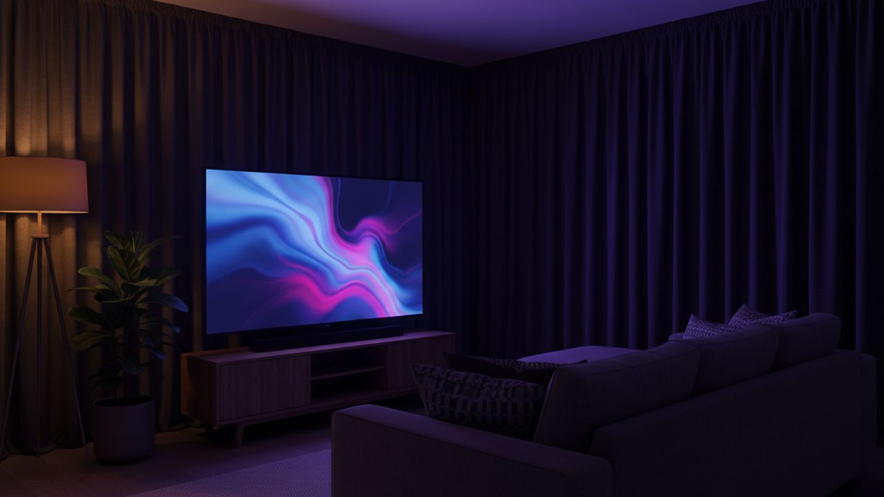 A dark living room lit by a large television showing IPTV Cast