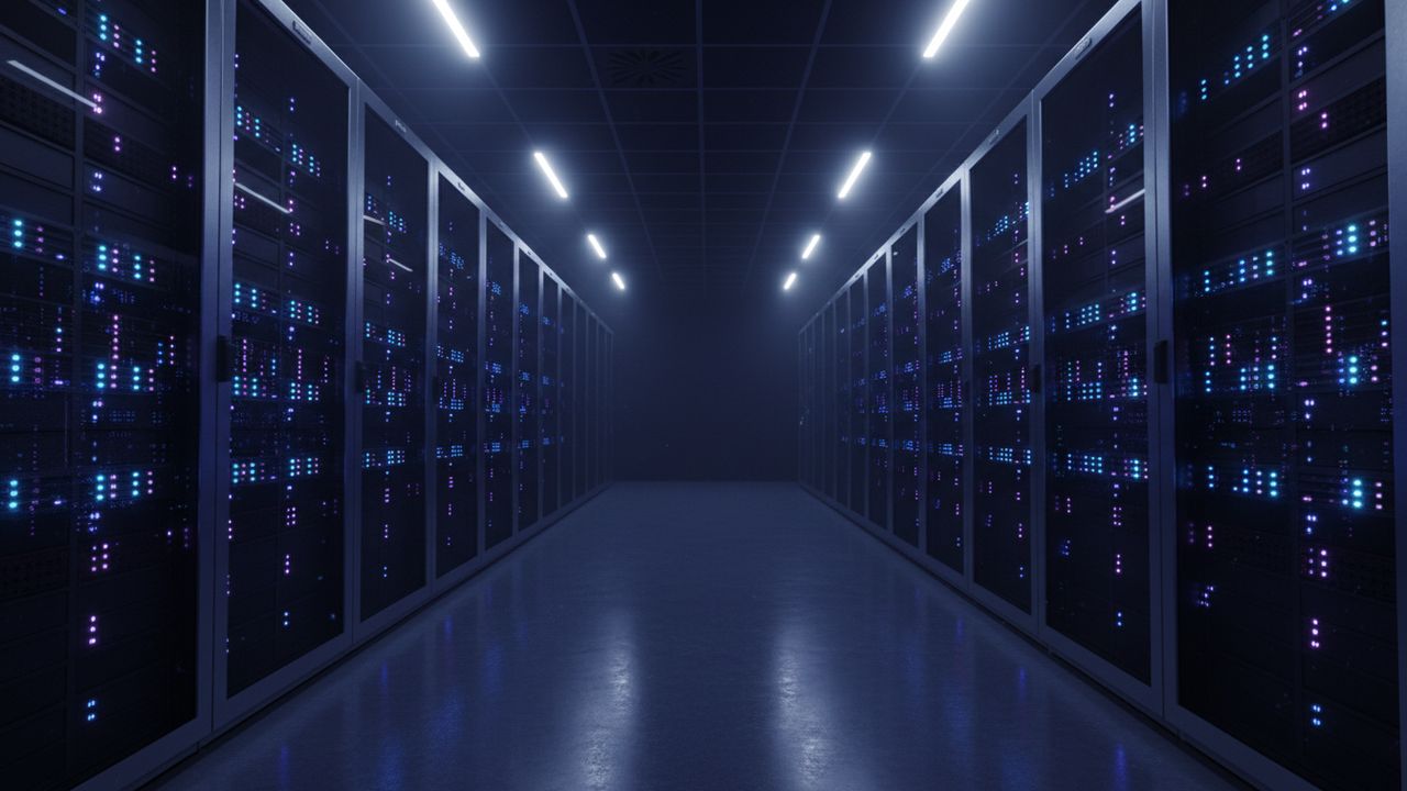 A data centre aisle with racks of servers and status lights