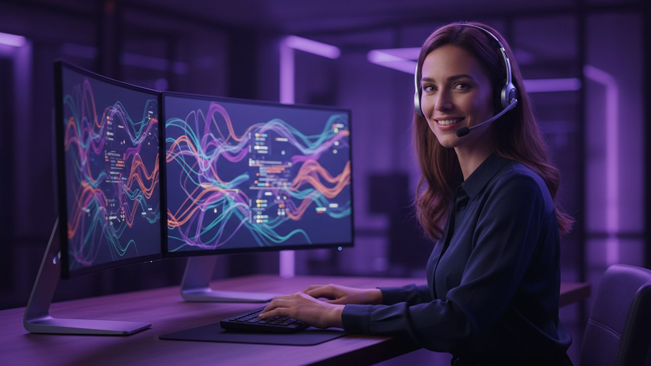 A support specialist wearing a headset at a desk with monitors