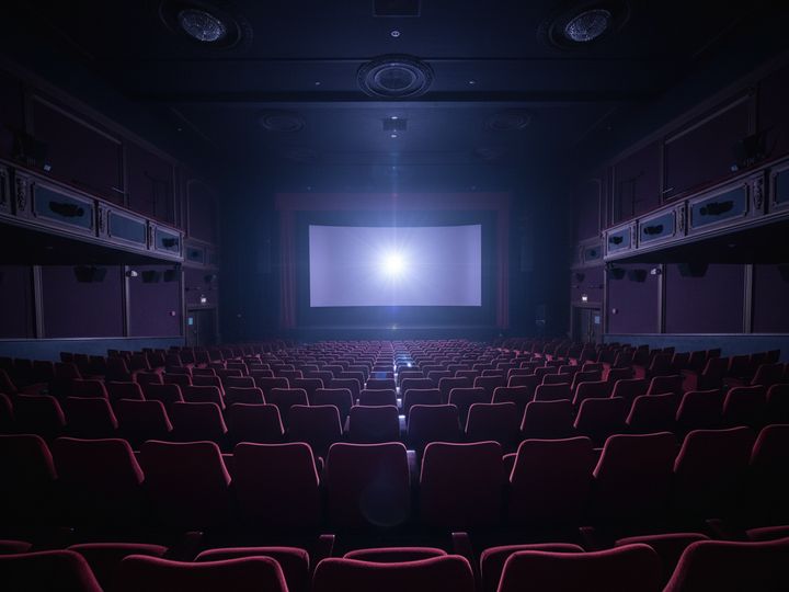 An empty cinema auditorium with a glowing screen