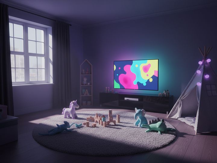 A child playroom with a television showing colourful shapes