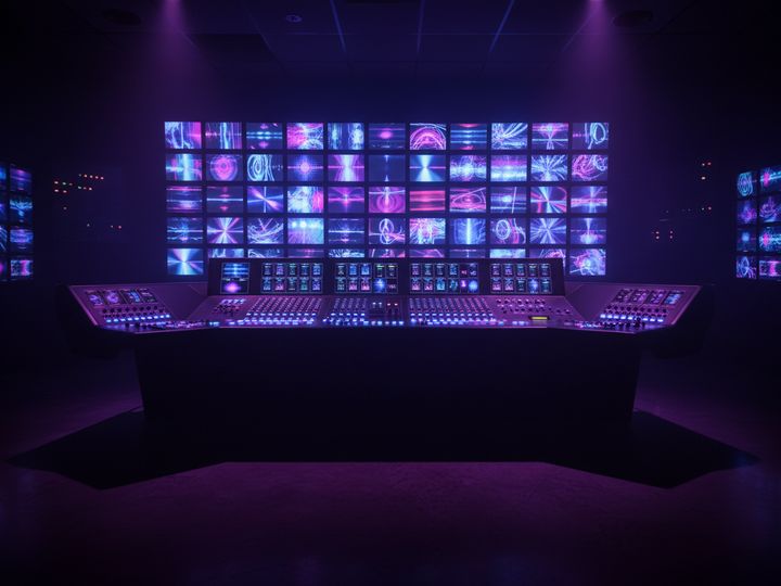A television broadcast gallery with a wall of monitors