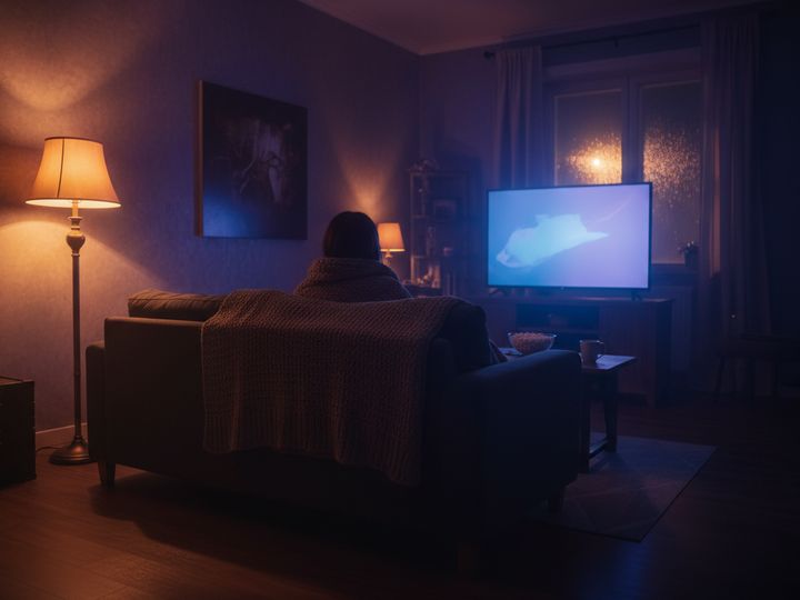 A person watching a large television in a dark living room