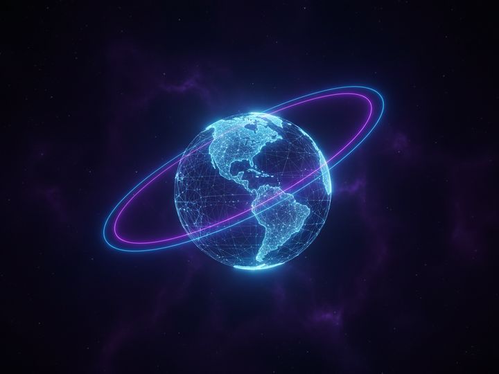 A glowing globe with broadcast signal arcs around it