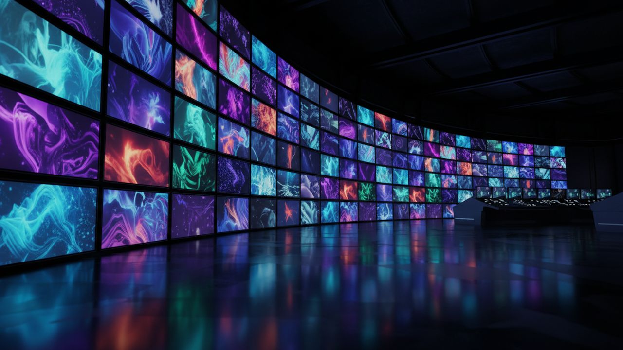 A vast curved wall of television screens each showing different content