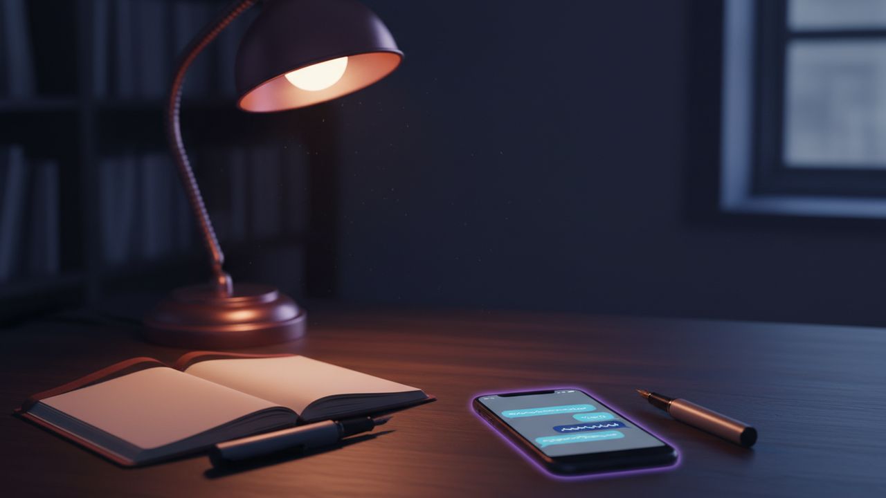 A phone on a desk showing a messaging conversation beside a lamp