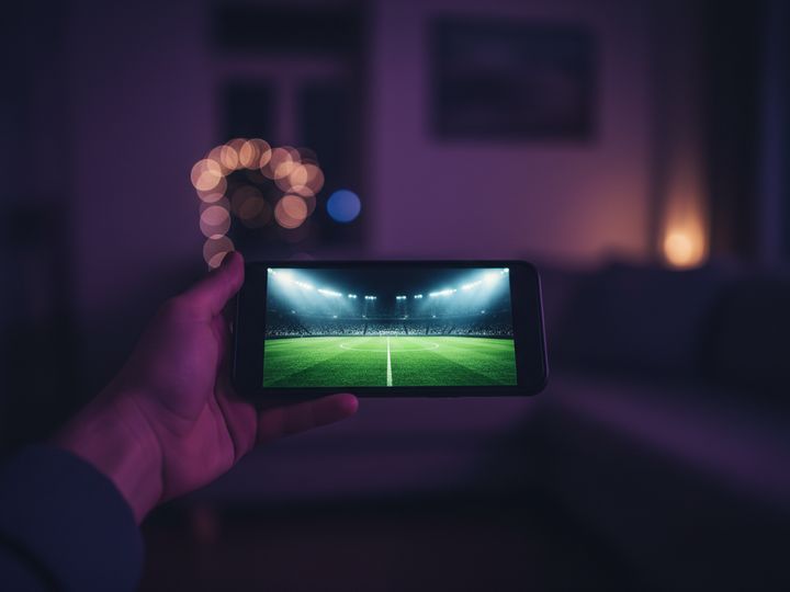 A hand holding a phone streaming a football match