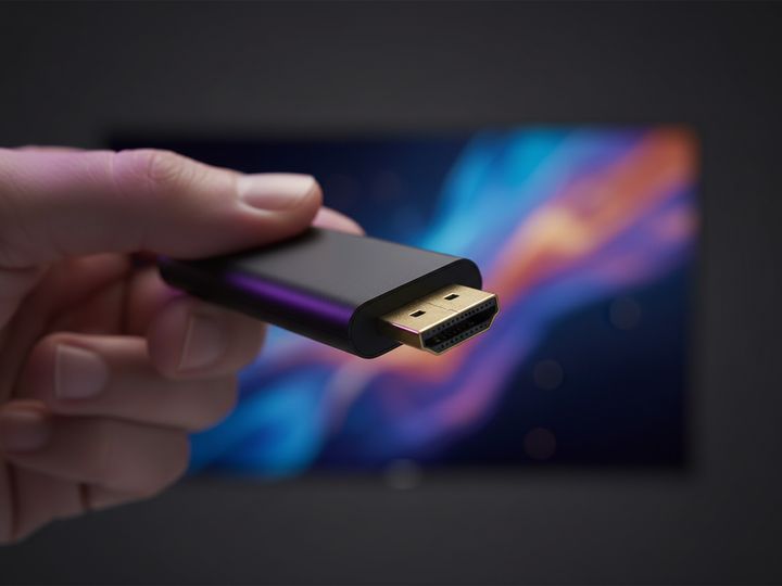 An HDMI streaming stick held in front of a television