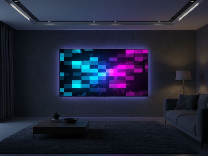 A smart television mounted on a wall in a dark living room