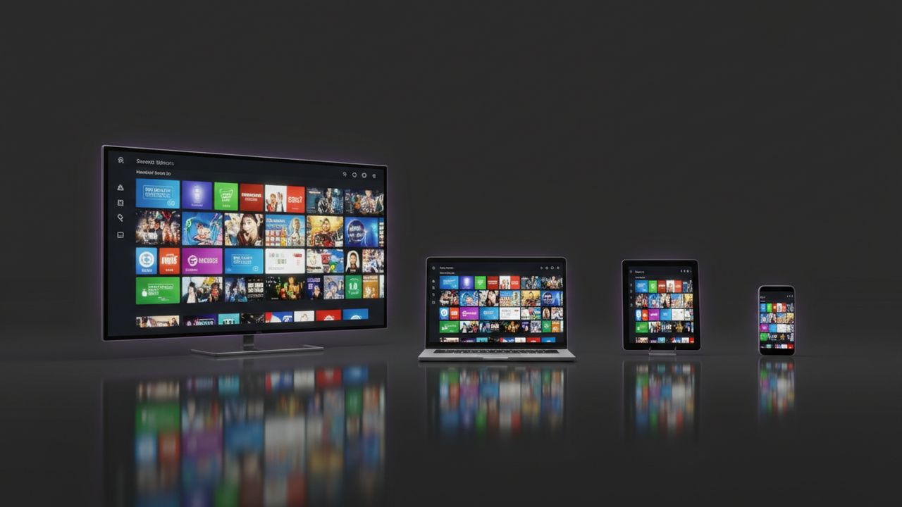 A television, laptop, tablet and phone side by side all showing the IPTV Cast interface