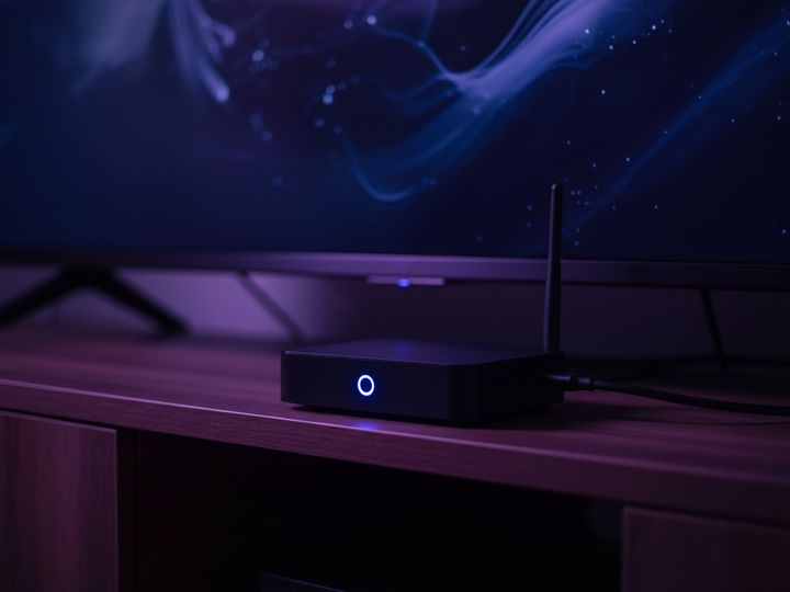 An Android TV box on a media unit with a glowing status light