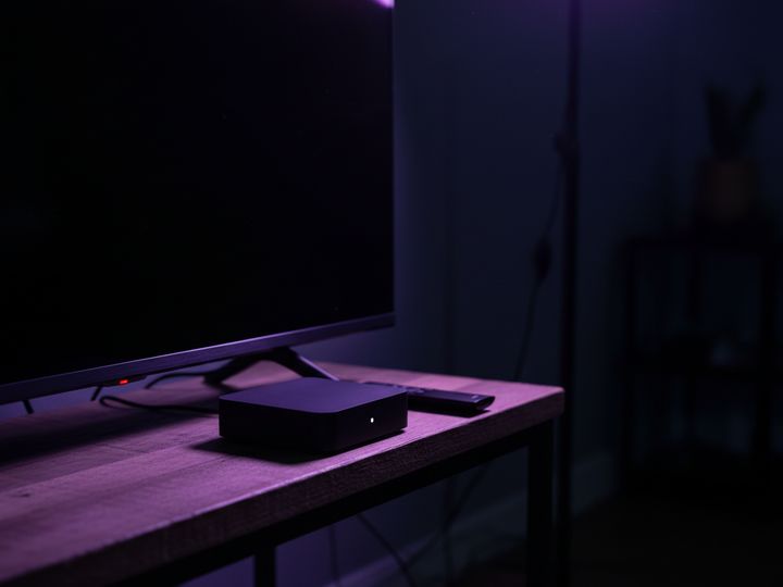 A small black media streaming box and remote on a shelf