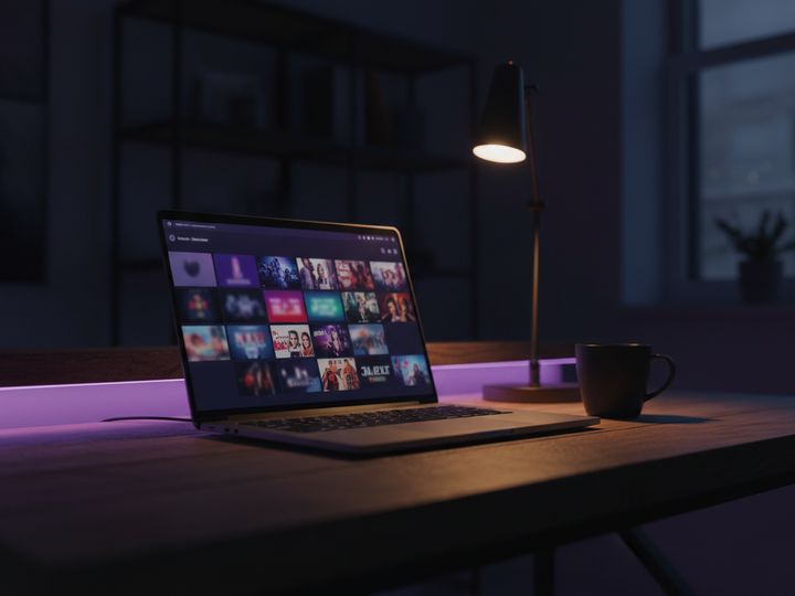 An open laptop on a desk showing a streaming grid