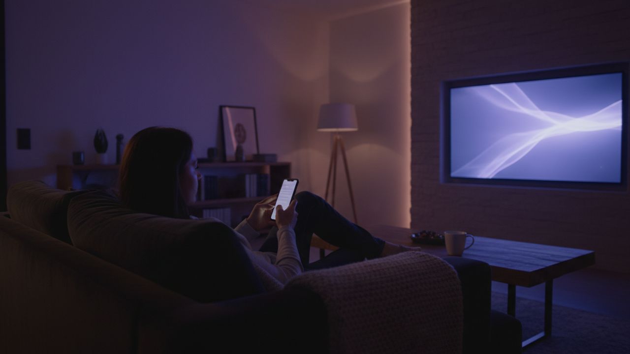 A person on a sofa messaging on a phone in front of a television
