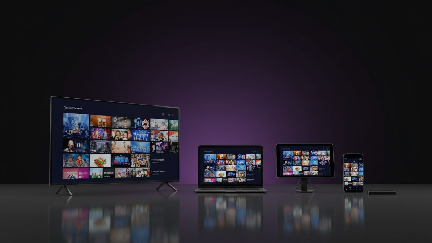 IPTV Cast shown on a smart television, laptop, tablet, phone and streaming stick