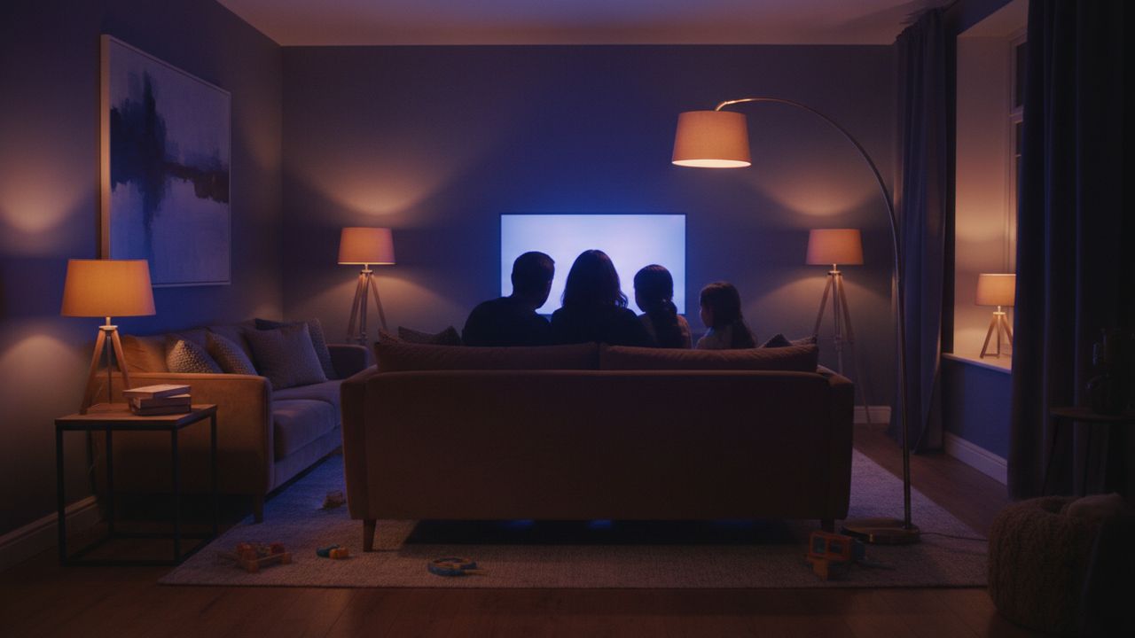 A family watching television together in a warm living room