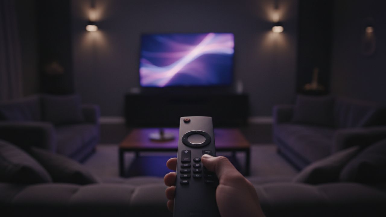 Hands holding a remote control pointed at a glowing television