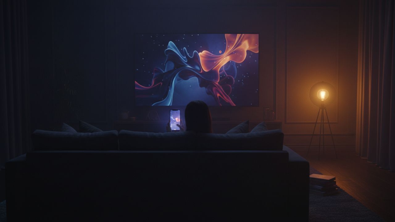 A person on a sofa holding a phone in front of a large glowing television